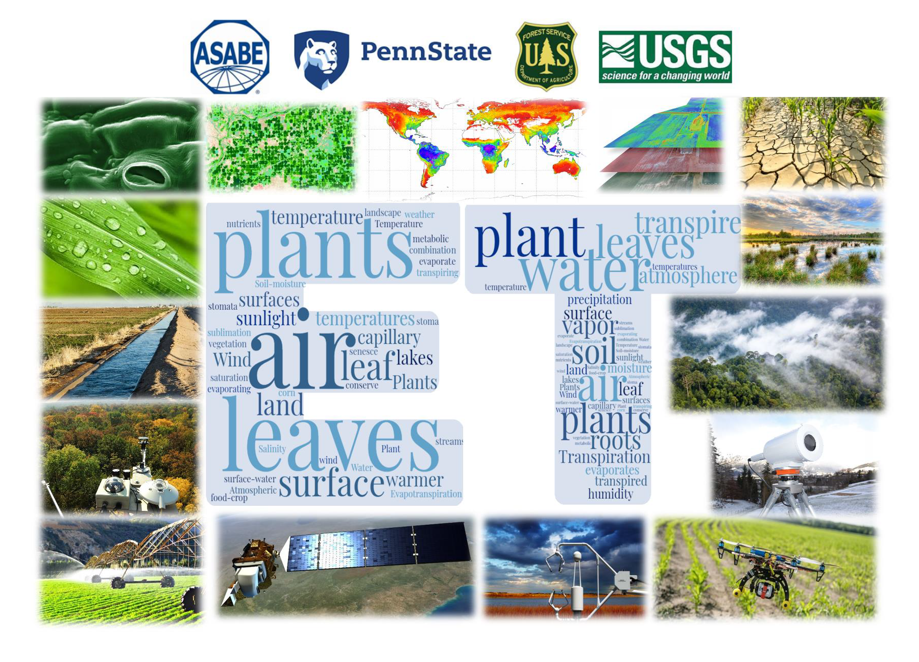 Photo mosaic of plants, leaves, maps, and monitoring tools